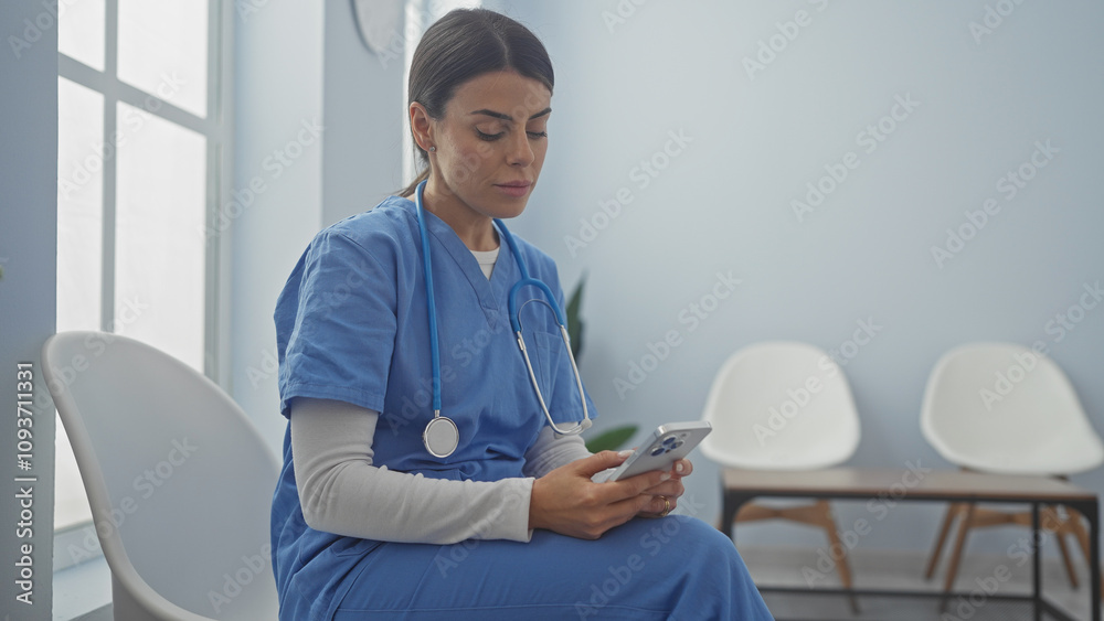 A thoughtful woman in scrubs using a smartphone in a hospital waiting room. A thoughtful woman in scrubs using a smartphone in a hospital waiting room.