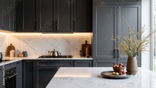 A contemporary kitchen with dark gray kitchen cabinets, white marble surfaces, and warm lighting creating a luxurious, modern feel.