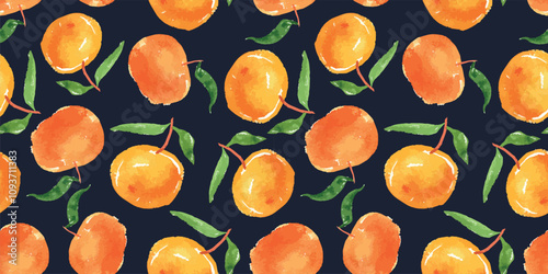 Seamless pattern of ripe orange mandarins fruit, green leaves, watercolor hand drawn, vector, black background,  paper, wallpaper, textile, fabric