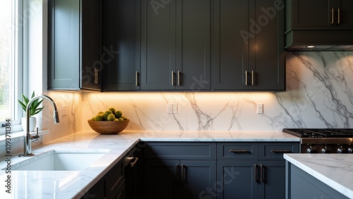 Stylish kitchen with dark gray kitchen cabinets and marble countertops, enhanced by ambient under-cabinet lighting for a sleek look.
