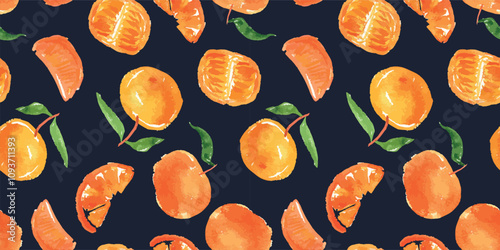 Seamless pattern of ripe orange mandarins fruits, green leaves, watercolor hand drawn, vector, black background,  paper, wallpaper, textile, fabric
