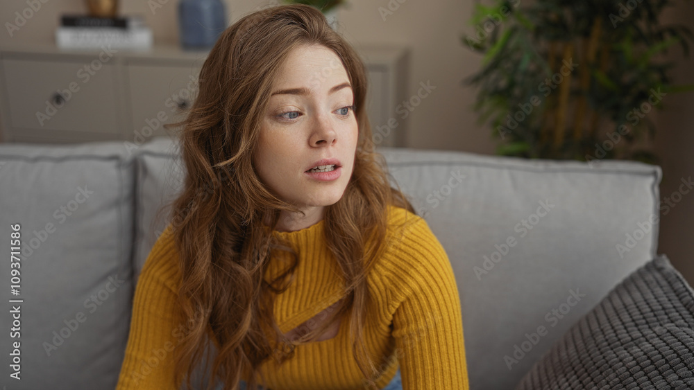 A beautiful young blonde woman sitting in a living room, wearing a yellow sweater, looking contemplative in an indoor home setting. A beautiful young blonde woman sitting in a living room, wearing a yellow sweater, looking contemplative in an indoor home setting.