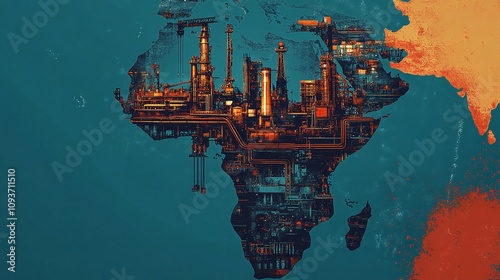 Africa Industrialization Day Steel Blue & Rust Red Map with Machinery, Oil Rigs & Conveyor Belts