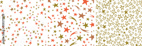 Seamless patterns of decorative stars shapes, golden, orange, wrapper, paper, textile, fabric, vector illustration