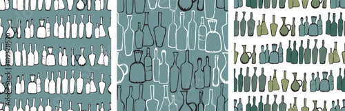 Seamless patterns of wine bottles collection, contour hand drawings, green silhouettes, vector backgrounds, wallpaper, paper