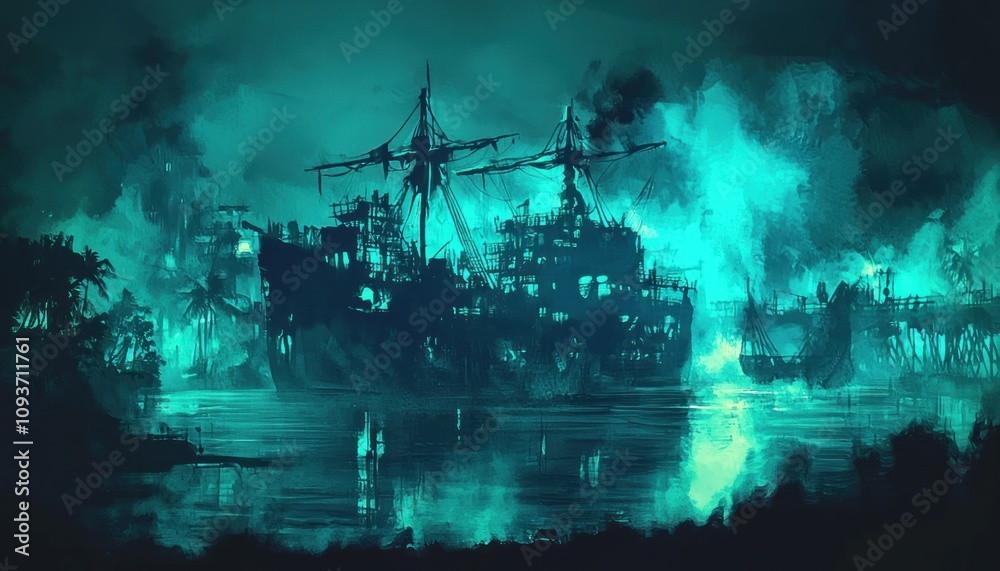 A Silhouetted Ship in a Foggy Lagoon at Night