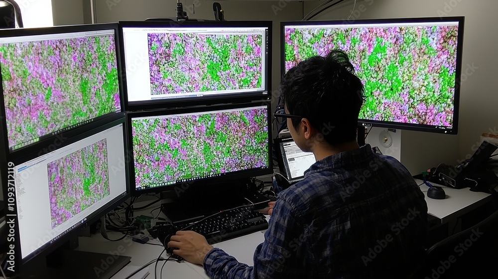 A Man Analyzing Microscopic Images on Multiple Monitors A Man Analyzing Microscopic Images on Multiple Monitors