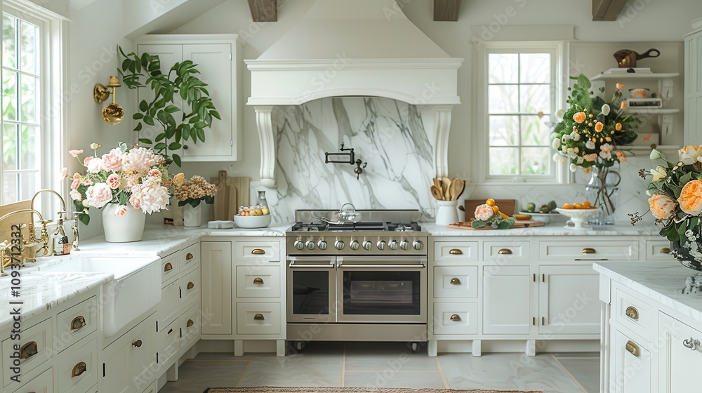 Bright and airy kitchen filled with fresh flowers and gourmet treats in a cozy home setting. Generative AI Bright and airy kitchen filled with fresh flowers and gourmet treats in a cozy home setting. Generative AI
