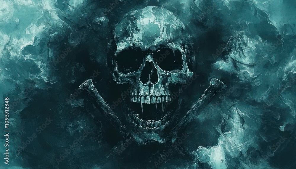 A Fanged Skull With Crossed Bones Set Against a Teal, Abstract Background A Fanged Skull With Crossed Bones Set Against a Teal, Abstract Background