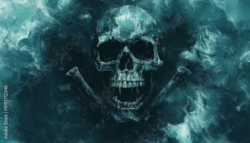 A Fanged Skull With Crossed Bones Set Against a Teal, Abstract Background