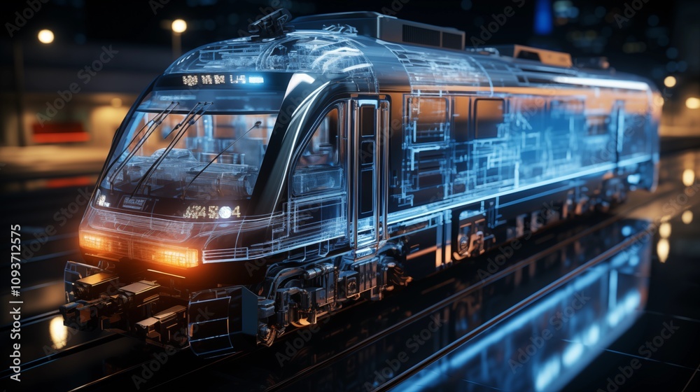 Fototapeta premium Digital twin concept of train. Wireframe rendering of train and mirrored physical body side by side. 3d rendering and holographic representation