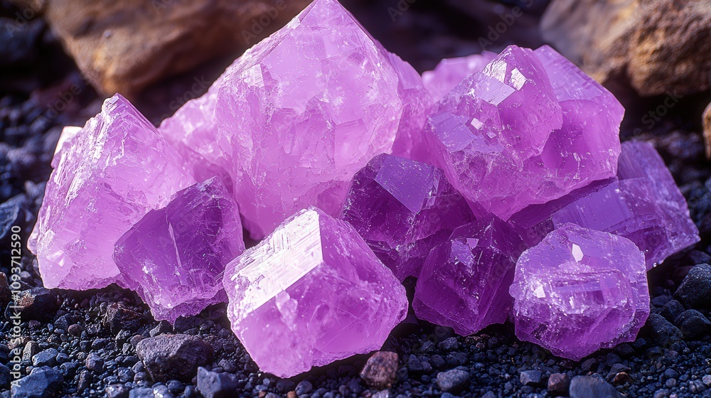 Vibrant purple crystals on rocky surface Vibrant purple crystals on rocky surface