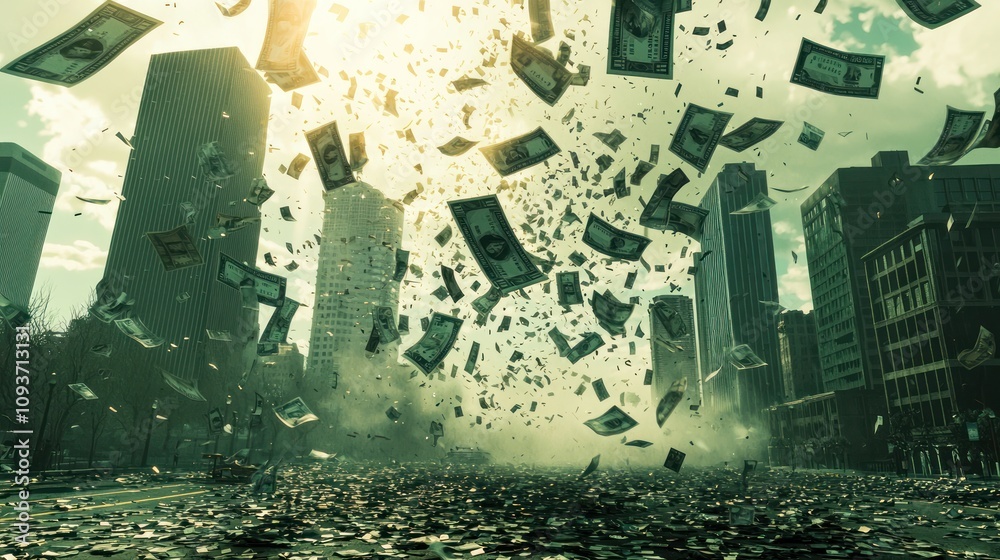 Fototapeta premium A City Street Covered in Falling US Dollar Bills