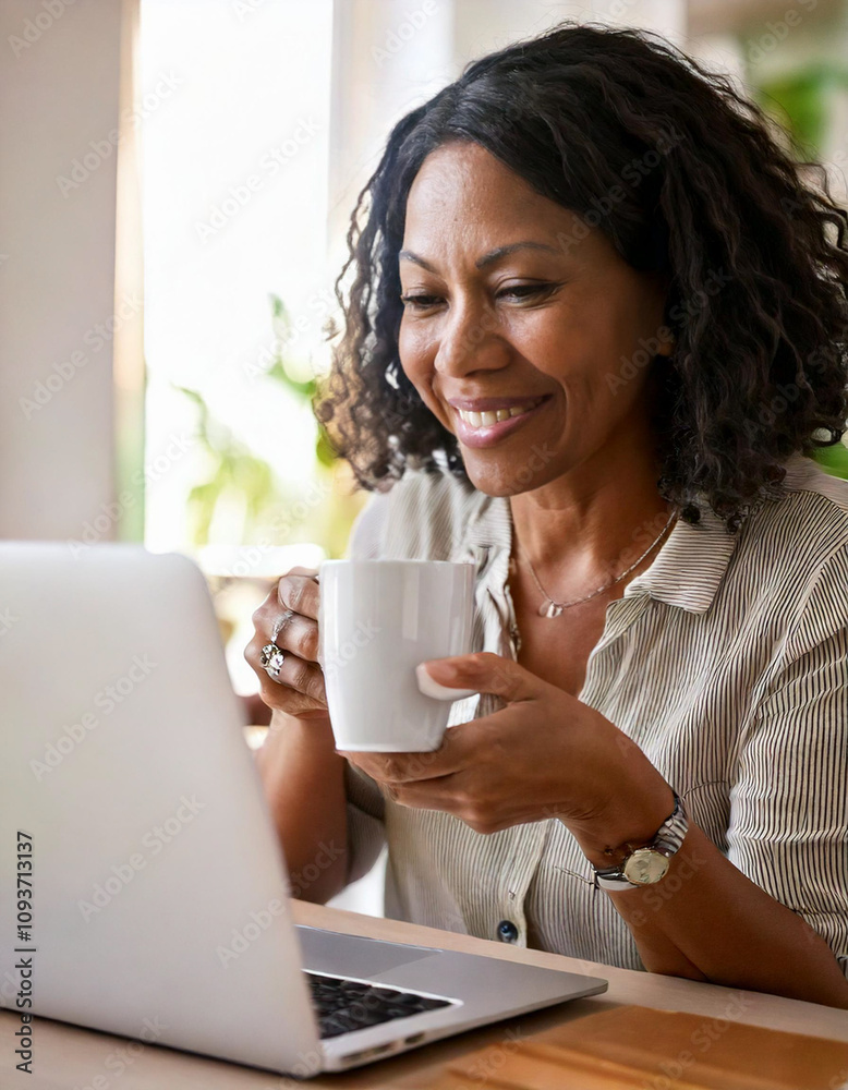 Happy mature woman sitting at home office table drinking coffee looking at laptop. Smiling relaxed middle aged older lady hybrid working on computer watching elearning webinar in modern house Happy mature woman sitting at home office table drinking coffee looking at laptop. Smiling relaxed middle aged older lady hybrid working on computer watching elearning webinar in modern house