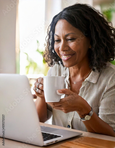 Happy mature woman sitting at home office table drinking coffee looking at laptop. Smiling relaxed middle aged older lady hybrid working on computer watching elearning webinar in modern house