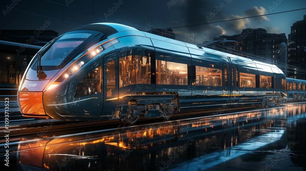Fototapeta premium Digital twin concept of train. Wireframe rendering of train and mirrored physical body side by side. 3d rendering and holographic representation