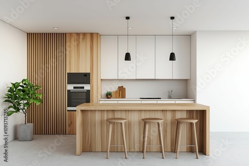 model modern design and avant-garde, A modern kitchen featuring a wooden island, sleek cabinetry, and minimalistic design, complemented by a potted plant and stylish pendant lighting. photo