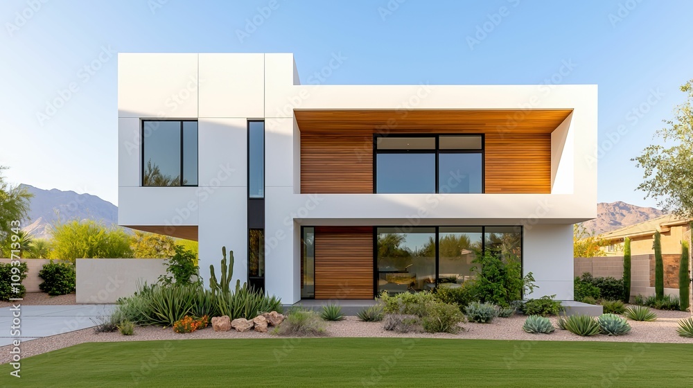 model modern design and avant-garde, A modern two-story house featuring sleek lines, large windows, and a blend of wood and white exterior, surrounded by landscaped greenery.