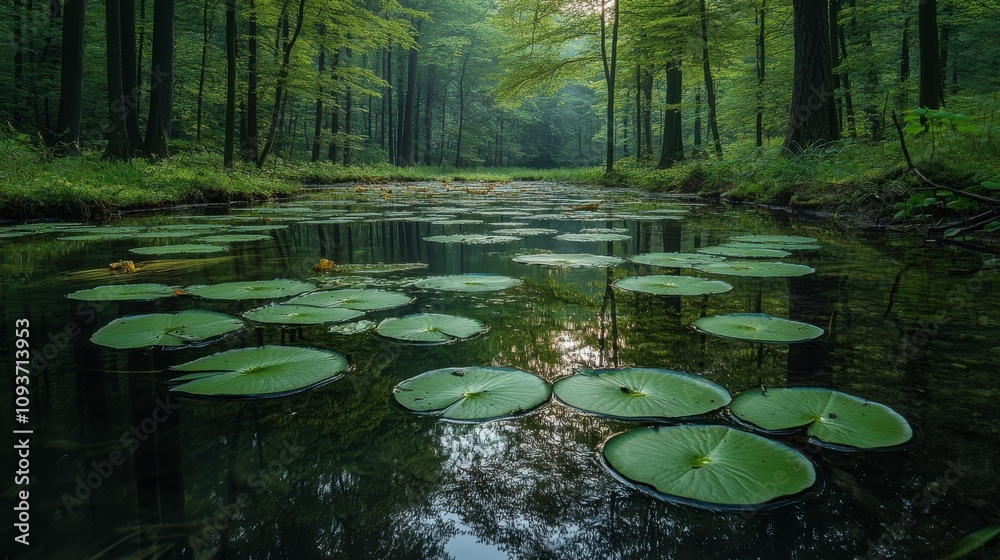 Tranquil Forest Scene with Calm Water and Lush Green Lily Pads Surrounded by Tall Trees in a Serene and Peaceful Natural Landscape Tranquil Forest Scene with Calm Water and Lush Green Lily Pads Surrounded by Tall Trees in a Serene and Peaceful Natural Landscape