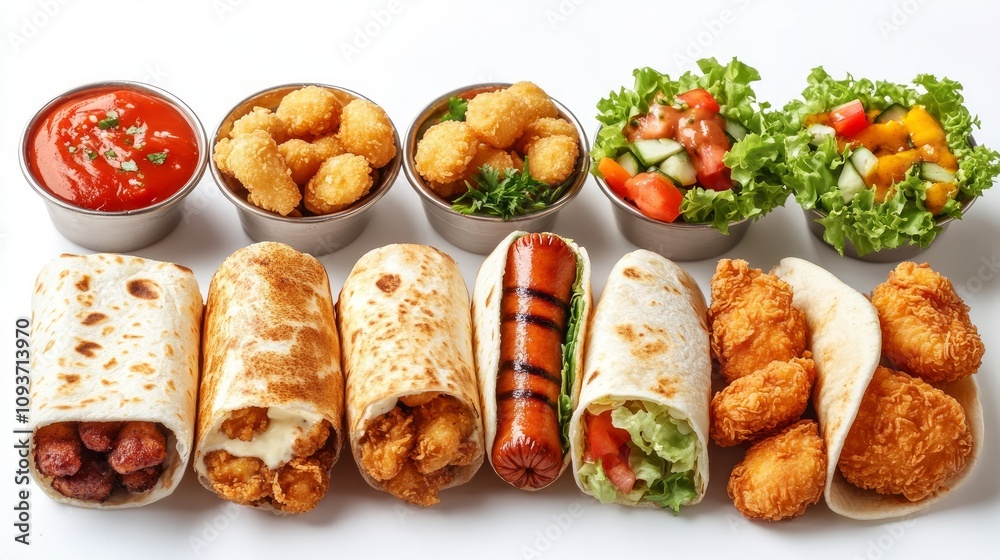 A variety of different and delicious looking wraps, including chicken, sausage, and cheese. A variety of different and delicious looking wraps, including chicken, sausage, and cheese.