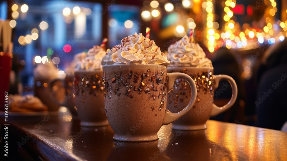 Delicious mugs of chocolate topped with whipped cream, perfect for festive gatherings and cozy evenings with friends. Delicious mugs of chocolate topped with whipped cream, perfect for festive gatherings and cozy evenings with friends.