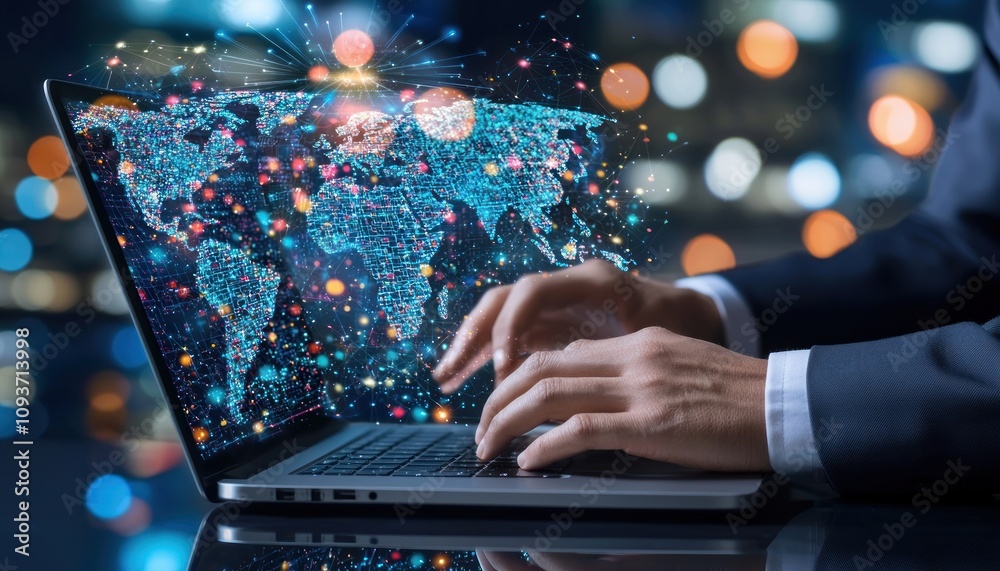 Person Typing on Laptop with World Map and Network Connections
