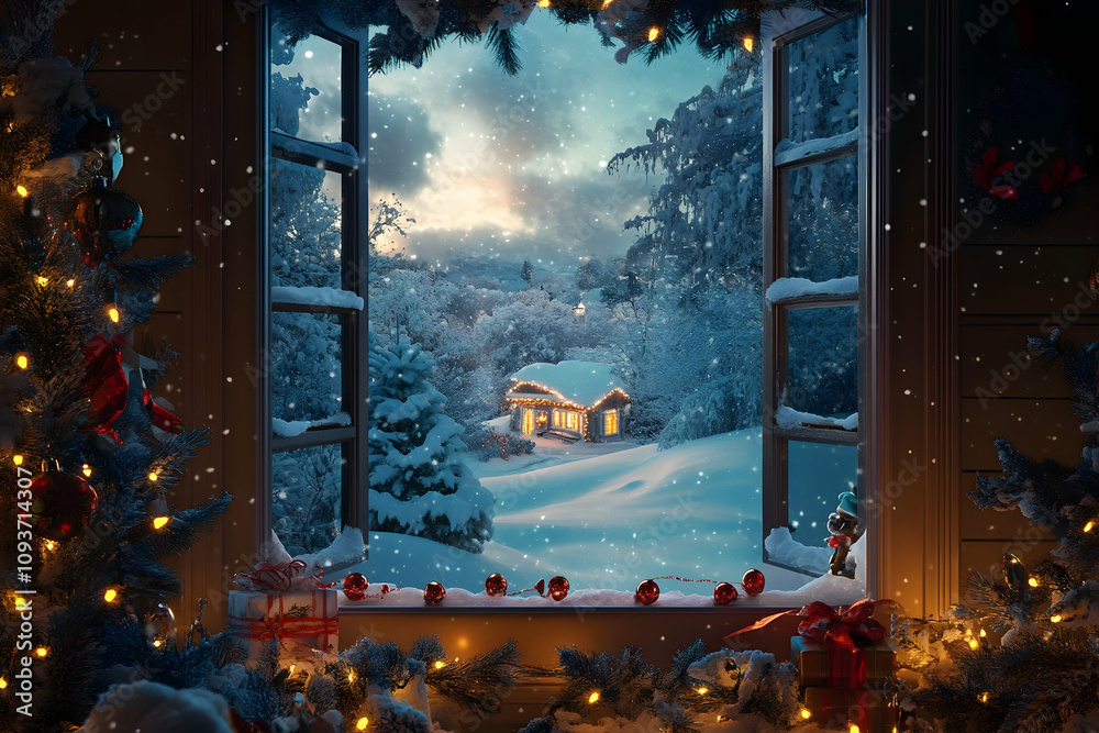 Obraz premium Snow gently falls outside a warmly lit cottage nestled in a tranquil winter landscape