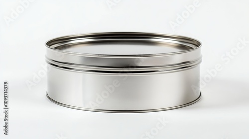 An unopened circular steel can for preserved food with a silver exterior, isolated on a white background. Tin cans are designed for safe and long-term storage of food, ensuring its quality