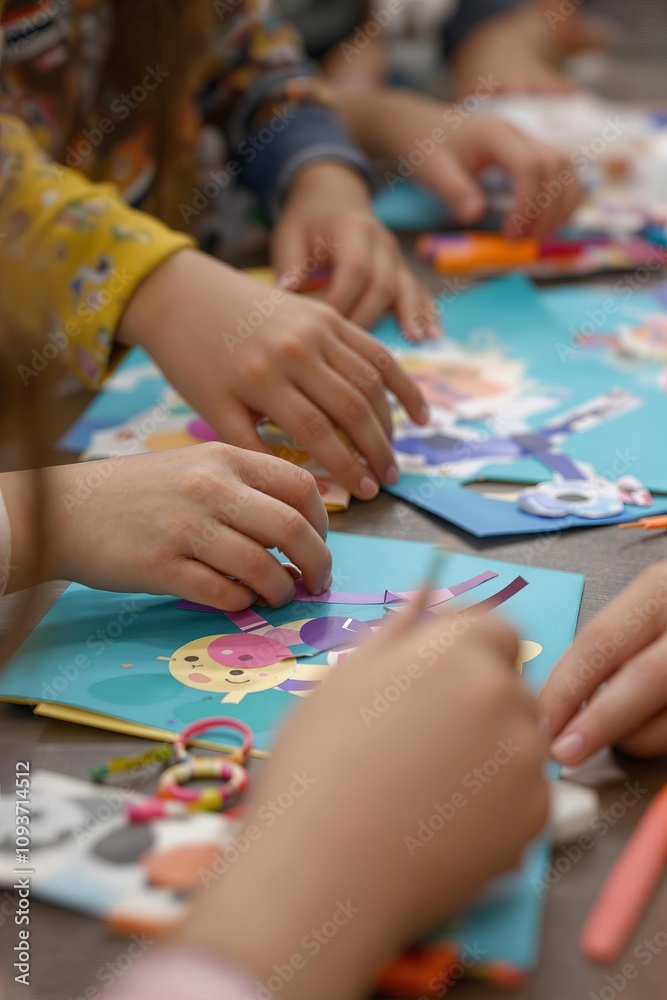 Fototapeta premium Children engage in creative craft activities during a lively workshop at a community center on a sunny afternoon
