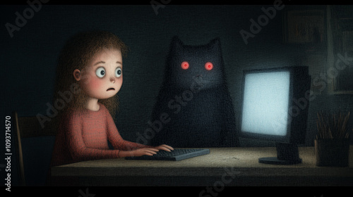 Surprised child with mysterious cat and glowing computer screen in dark room