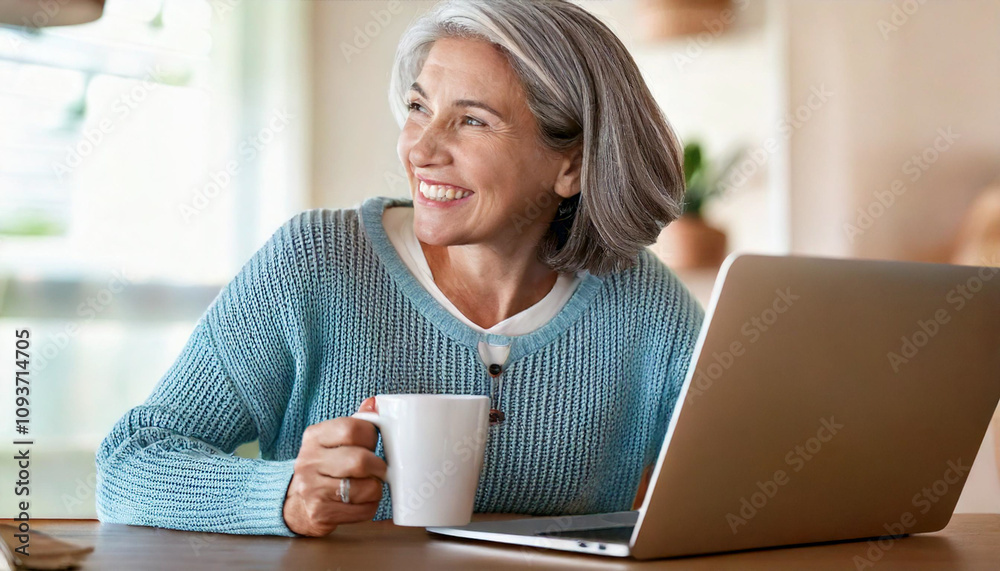 Happy mature woman sitting at home office table drinking coffee looking at laptop. Smiling relaxed middle aged older lady hybrid working on computer watching elearning webinar in modern house Happy mature woman sitting at home office table drinking coffee looking at laptop. Smiling relaxed middle aged older lady hybrid working on computer watching elearning webinar in modern house