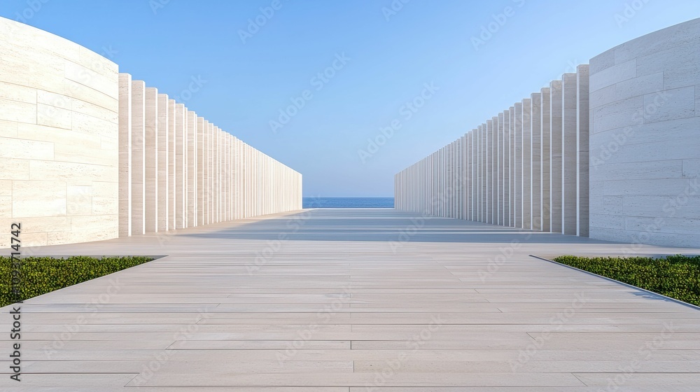 model modern design and avant-garde, A serene pathway flanked by tall, modern structures leads toward a vast ocean under a clear blue sky. model modern design and avant-garde, A serene pathway flanked by tall, modern structures leads toward a vast ocean under a clear blue sky.