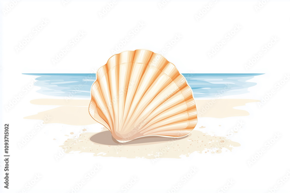 Seashell on a beach with ocean background, illustration Seashell on a beach with ocean background, illustration
