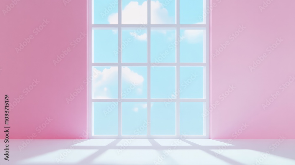 Fototapeta premium Surreal 3D pastel fantasy space with a full-wall English window sill featuring white glass windows opened to a blue sky, frontal view, minimalist design