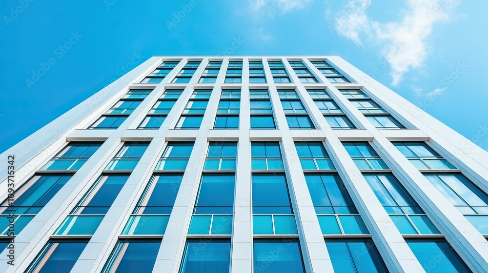 model modern design and avant-garde, A modern building with a glass facade, showcasing a clear blue sky and geometric lines, emphasizing its contemporary architectural design. model modern design and avant-garde, A modern building with a glass facade, showcasing a clear blue sky and geometric lines, emphasizing its contemporary architectural design.