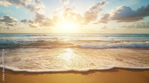 Ocean Waves Breaking on Sandy Beach at Sunset