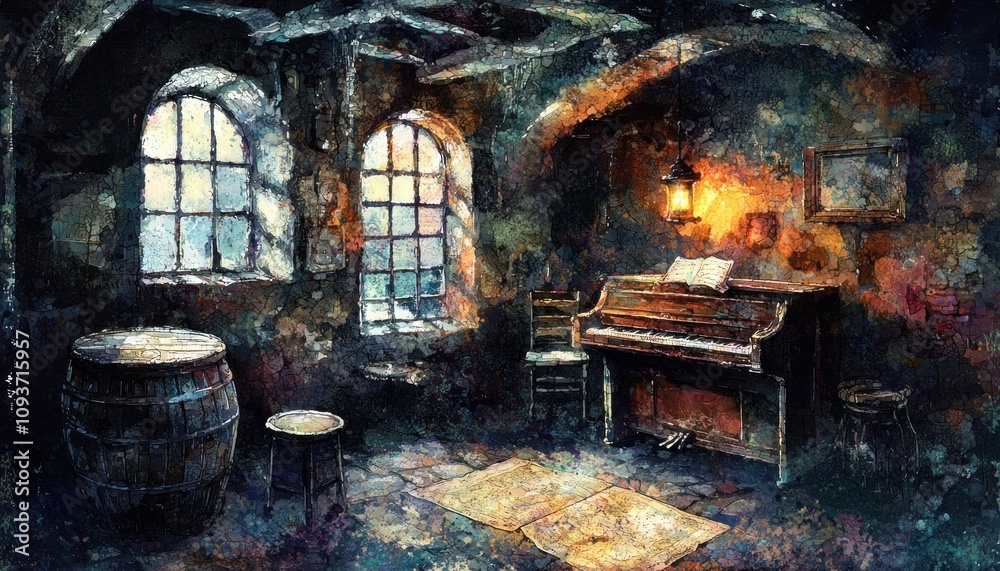 An Old Piano in a Room with Windows and a Barrel An Old Piano in a Room with Windows and a Barrel
