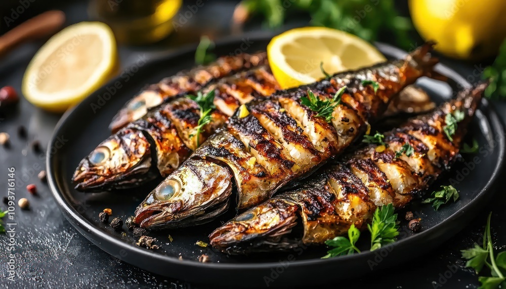 Grilled Sardines with Lemon and Parsley on Black Plate Grilled Sardines with Lemon and Parsley on Black Plate