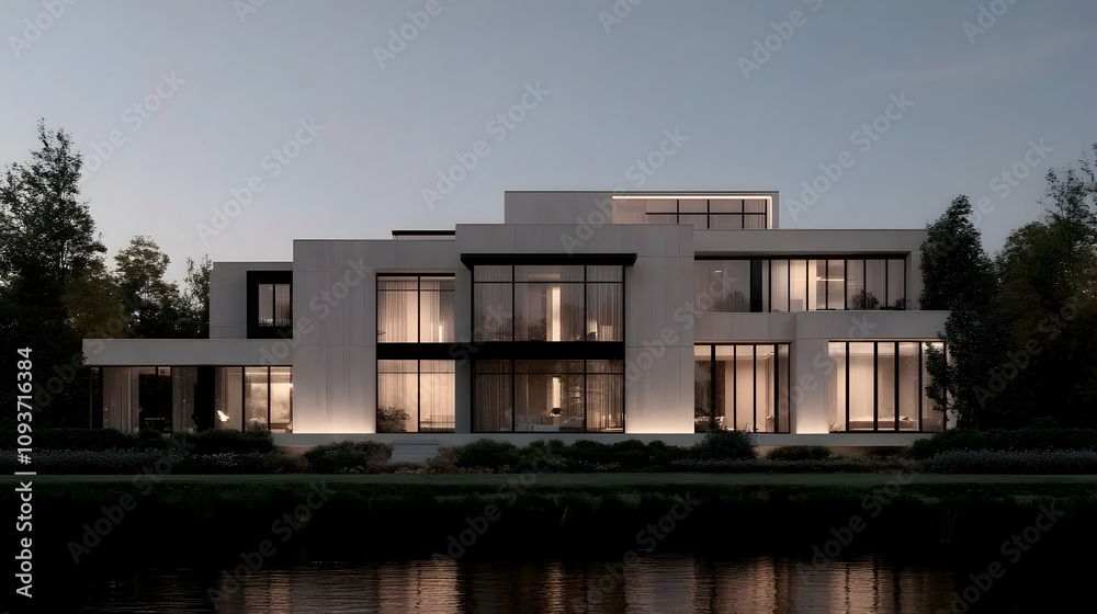 Modern luxury residence illuminated at dusk with sleek architecture and expansive windows reflecting serene surroundings near water, showcasing innovative design and elegance. Modern luxury residence illuminated at dusk with sleek architecture and expansive windows reflecting serene surroundings near water, showcasing innovative design and elegance.
