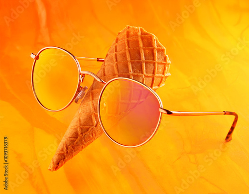 Obraz na płótnie Stylish Sunglasses and a Delicious Ice Cream Cone Set Against a Vibrant Background w salonie