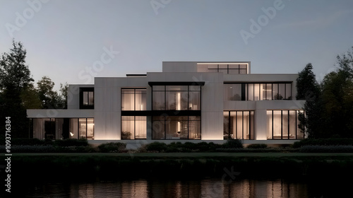 Modern luxury residence illuminated at dusk with sleek architecture and expansive windows reflecting serene surroundings near water, showcasing innovative design and elegance.
