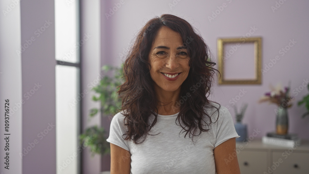 A smiling mature woman with brunette hair stands in a modern living room, exuding warmth and elegance. A smiling mature woman with brunette hair stands in a modern living room, exuding warmth and elegance.