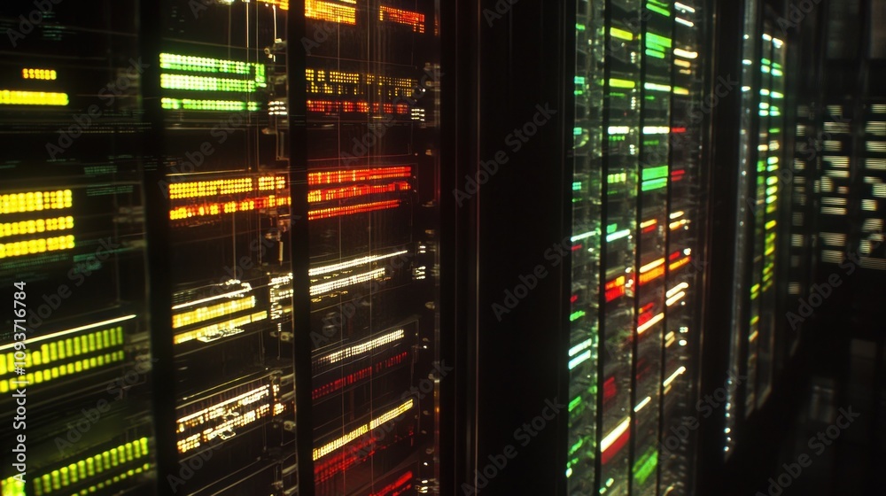 Naklejka premium A close-up view of glowing lights on data server racks in a server room.