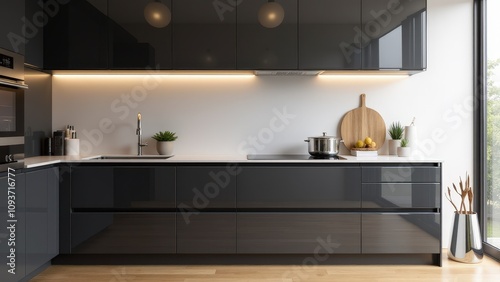 A stylish, modern kitchen featuring dark gray kitchen cabinets, with soft lighting and chrome accents enhancing the minimalist design.