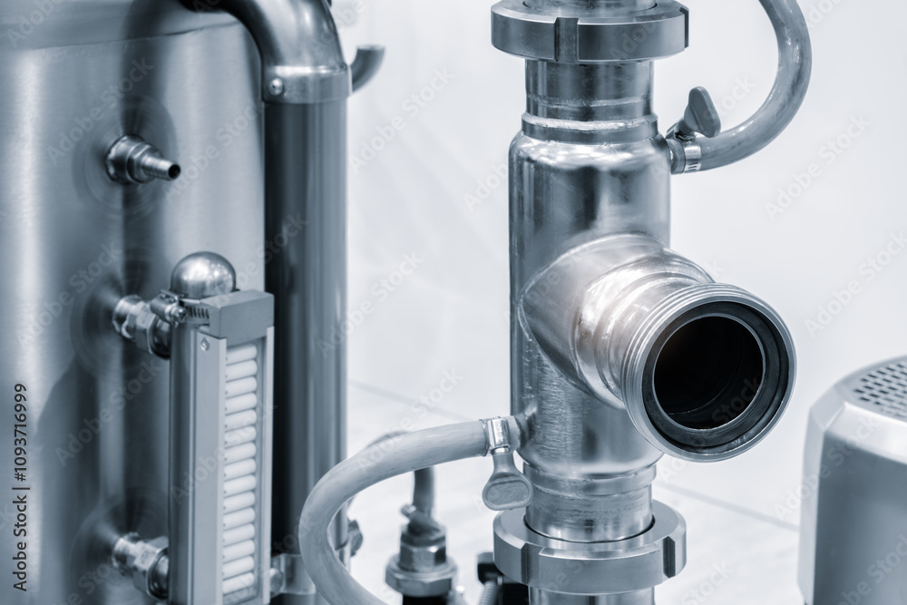 A silver pipe with a black cap on it. The pipe is connected to a tank A silver pipe with a black cap on it. The pipe is connected to a tank