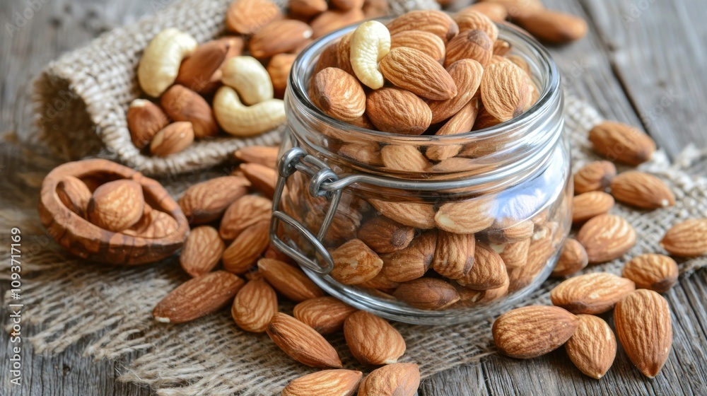 Glass Jar Filled with Almonds on Rustic Wooden Surface Glass Jar Filled with Almonds on Rustic Wooden Surface