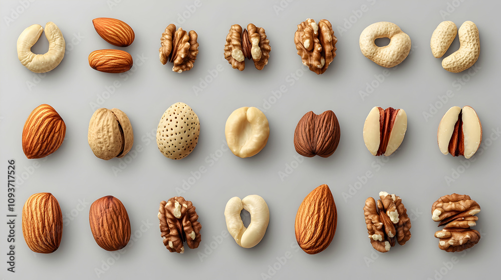 Assorted Nuts Collection on Gray Background Featuring Almonds, Walnuts, Pecans, and More for Healthy Snacking and Culinary Inspiration