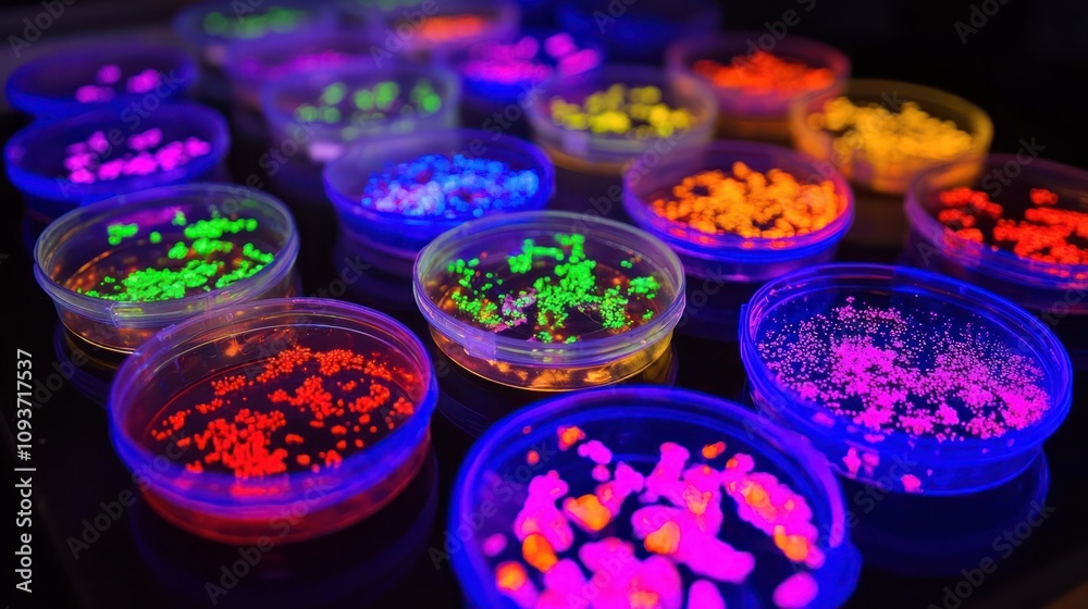 Petri Dishes Under UV Light Containing Glowing Microbial Cultures Petri Dishes Under UV Light Containing Glowing Microbial Cultures