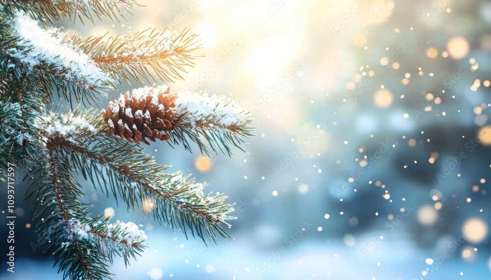 Close-up of a Pine Branch with a Cone Covered in Snow and a Blurry Background Close-up of a Pine Branch with a Cone Covered in Snow and a Blurry Background