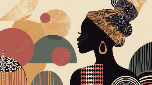 A stylized silhouette of a Black woman adorned with a head wrap, featuring vibrant geometric shapes in the background. The artwork portrays cultural richness. photo